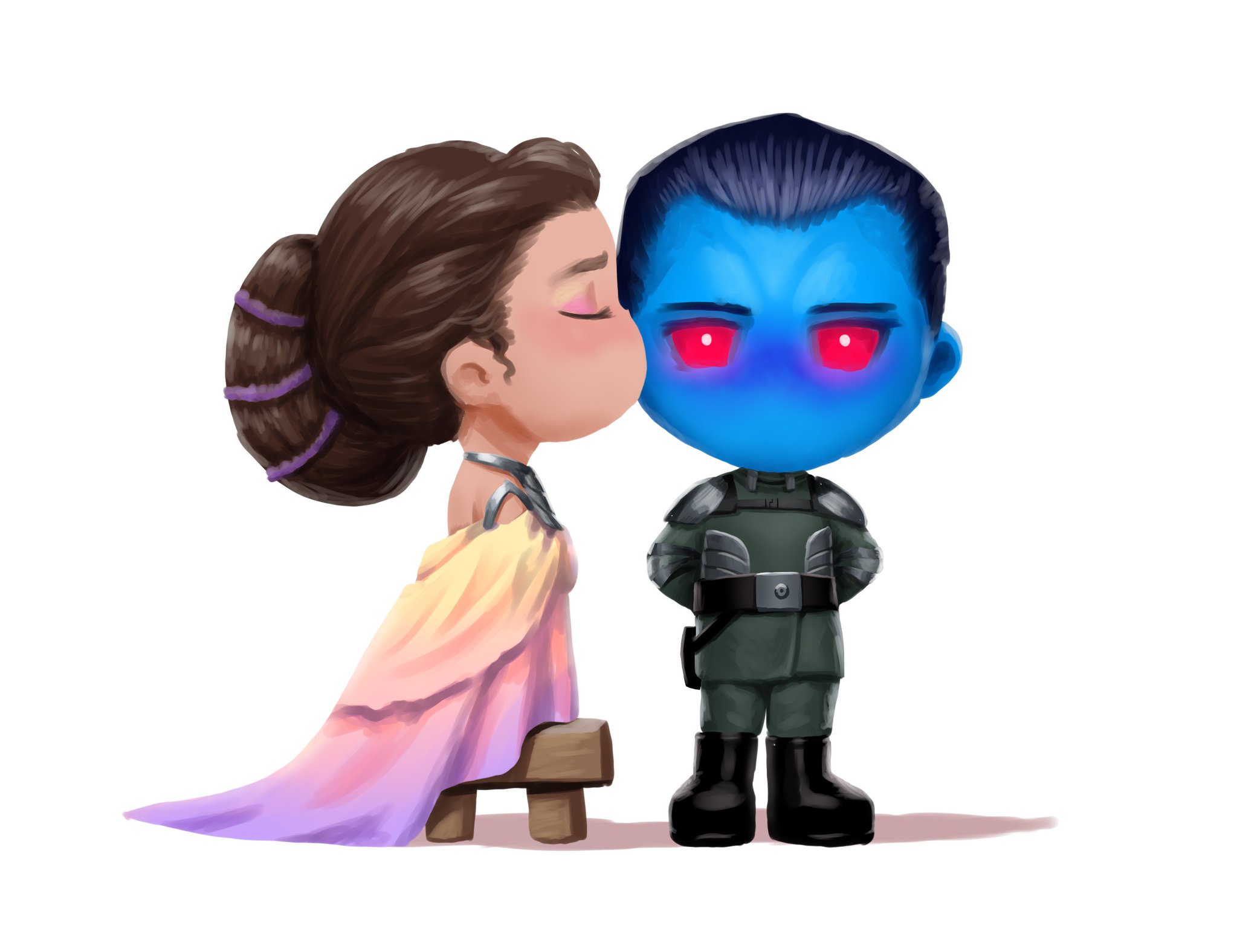 padme in her lake house dress and thrawn in his cedf uniform. thrawn is facing the viewer and padme is standing on a stool and kissing his cheek